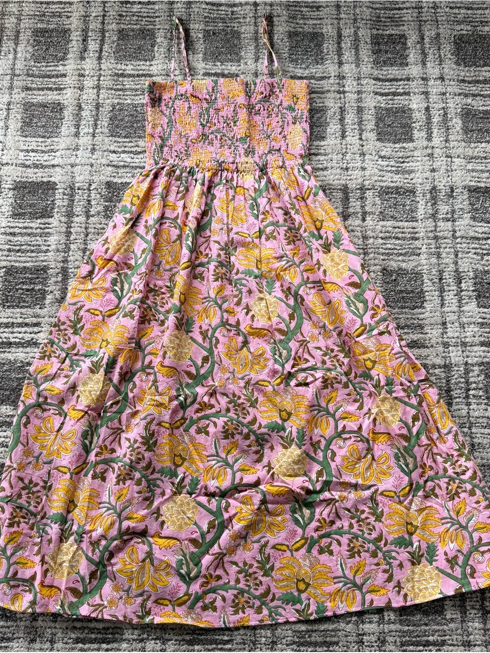 Women’s Faherty Pink Floral Smocked Sundress with Yellow Accents